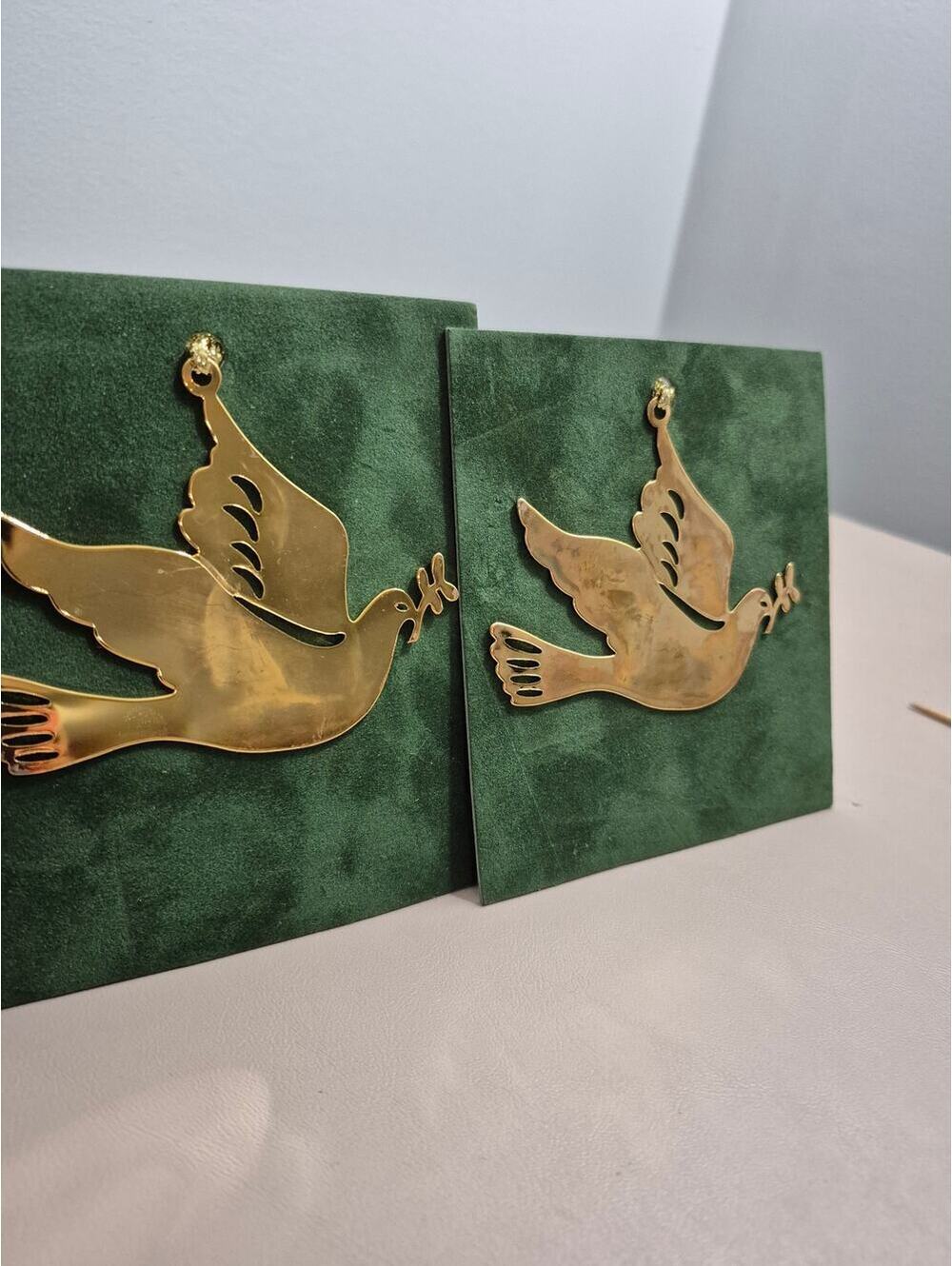 Vintage 1987 Gloria Duchin Brass Peace Dove Christmas Ornaments Set of 2 w Cards